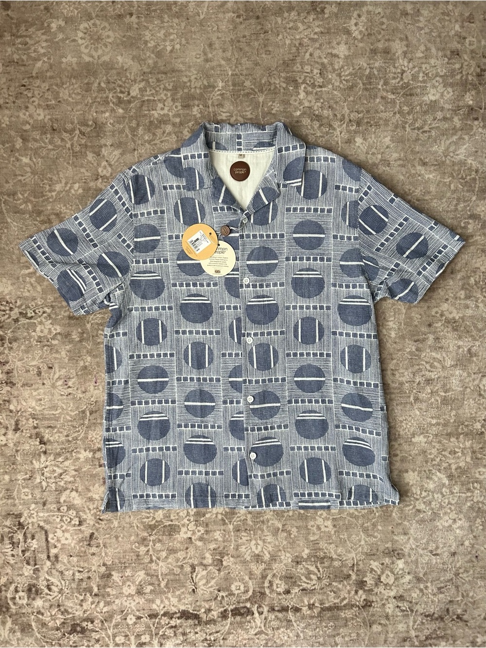 Common People Men's Short-Sleeve Button-Down Shirt in Blue Geometric Print